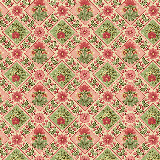 Patterned fabric with pink and green floral design on a pink background