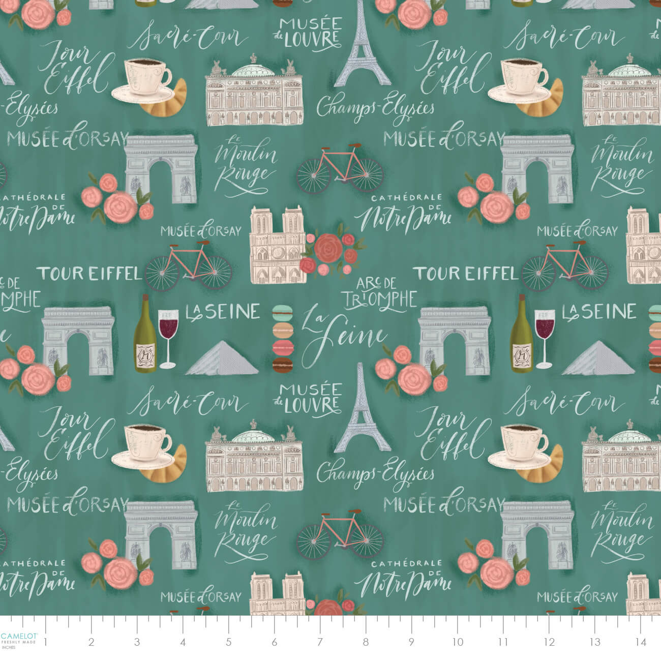 Patterned fabric with Paris-themed elements on a teal background