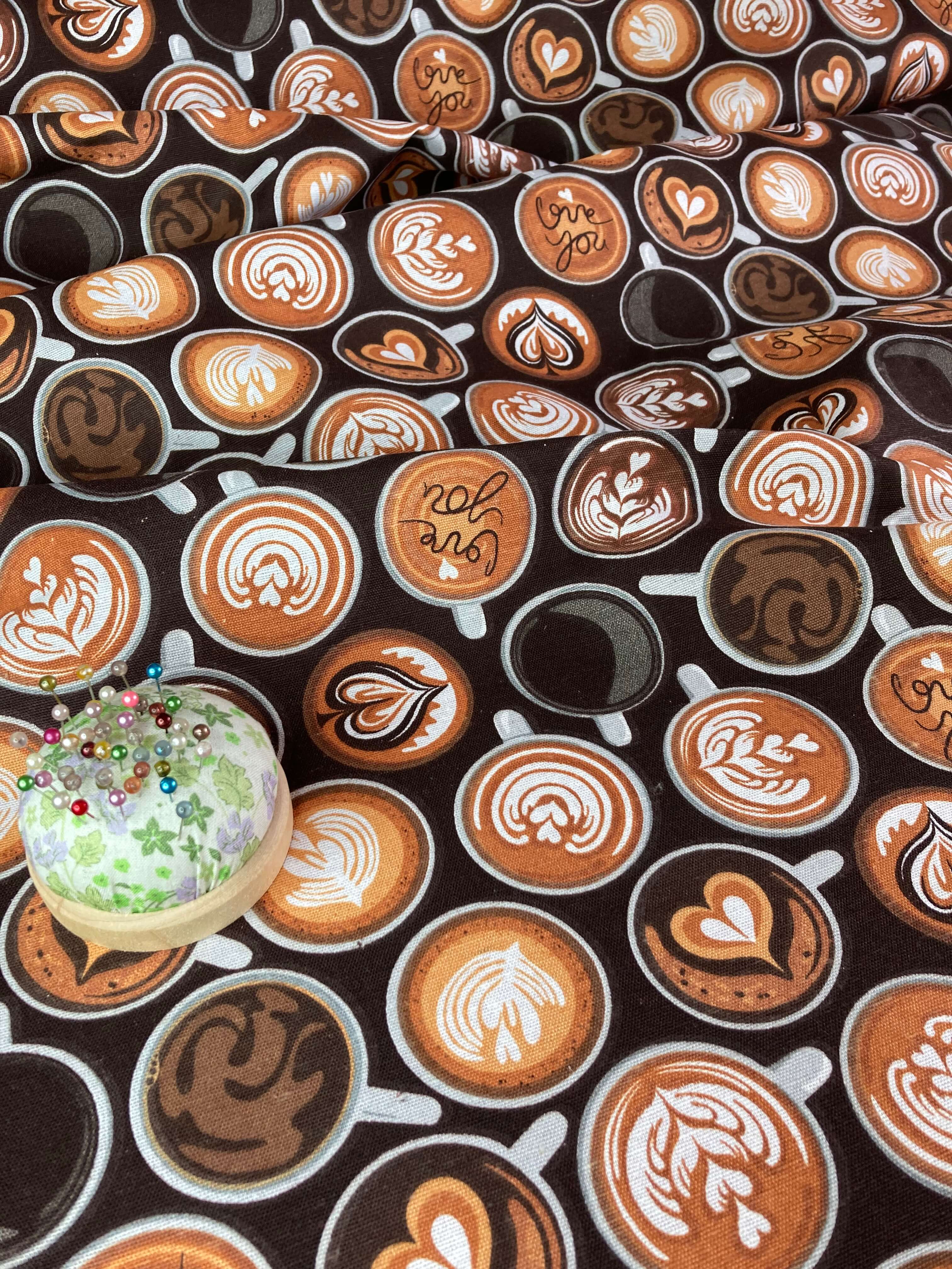 coffee cups with latte art on brown half panama poly-cotton