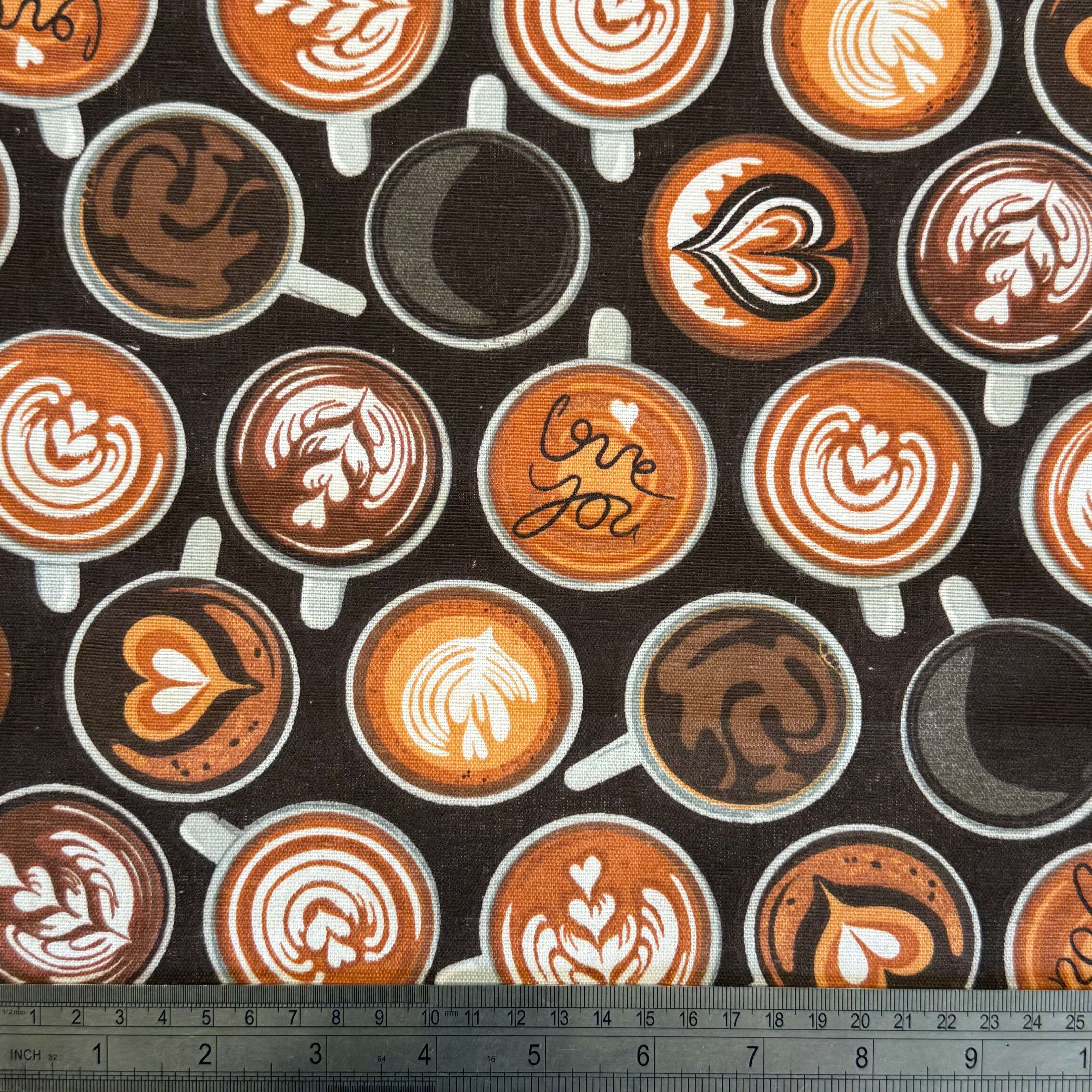 coffee cups with latte art on brown half panama poly-cotton