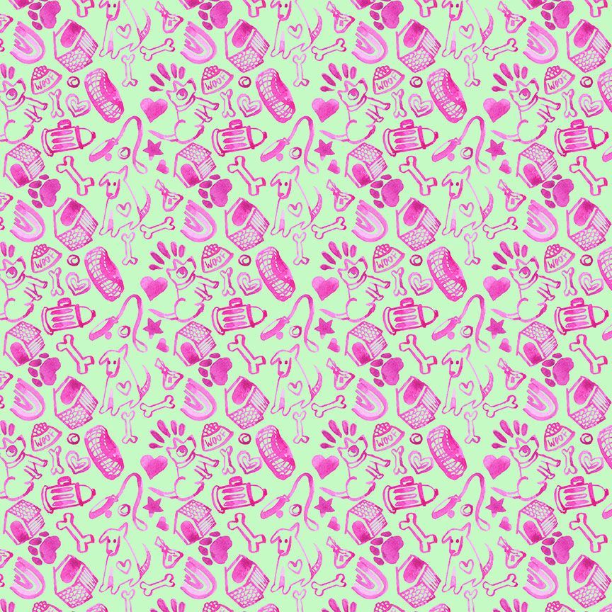 Pattern of pink pet-related icons on a green background