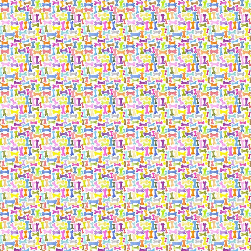 Pattern of colorful dog bones on a white fabric background