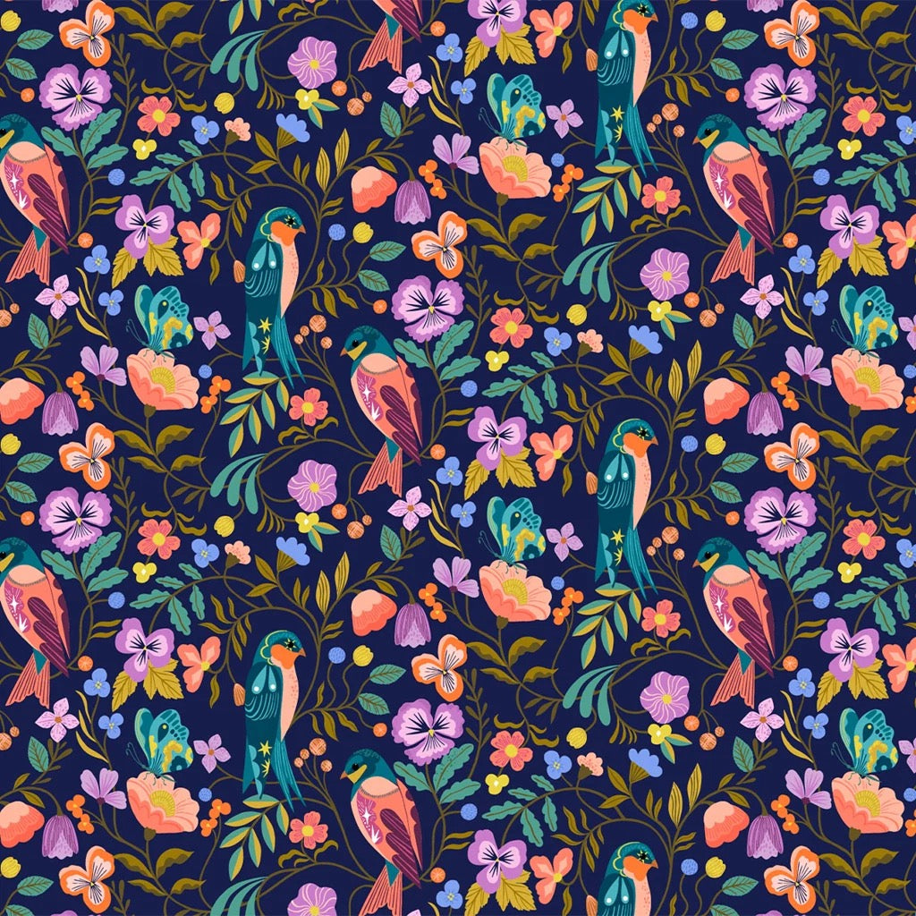 Colorful pattern of birds and flowers on a dark blue background