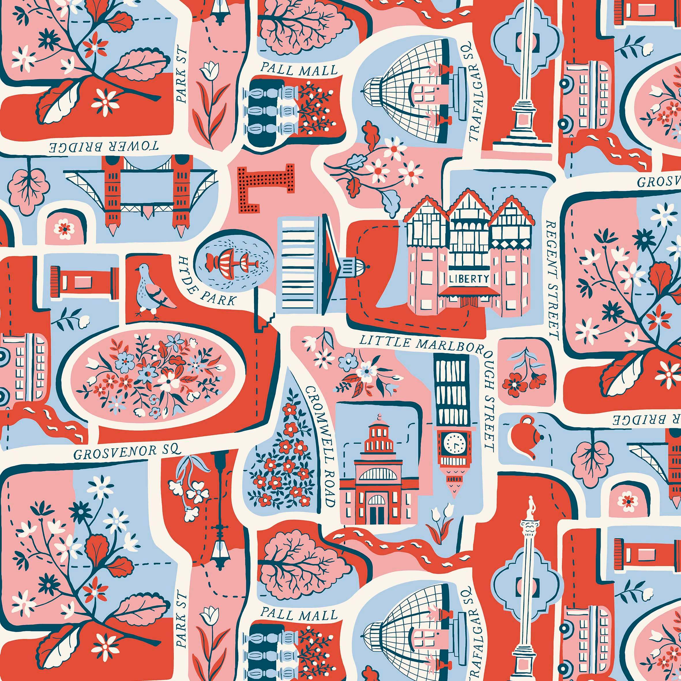 Blue pink and red London map design cotton fabric