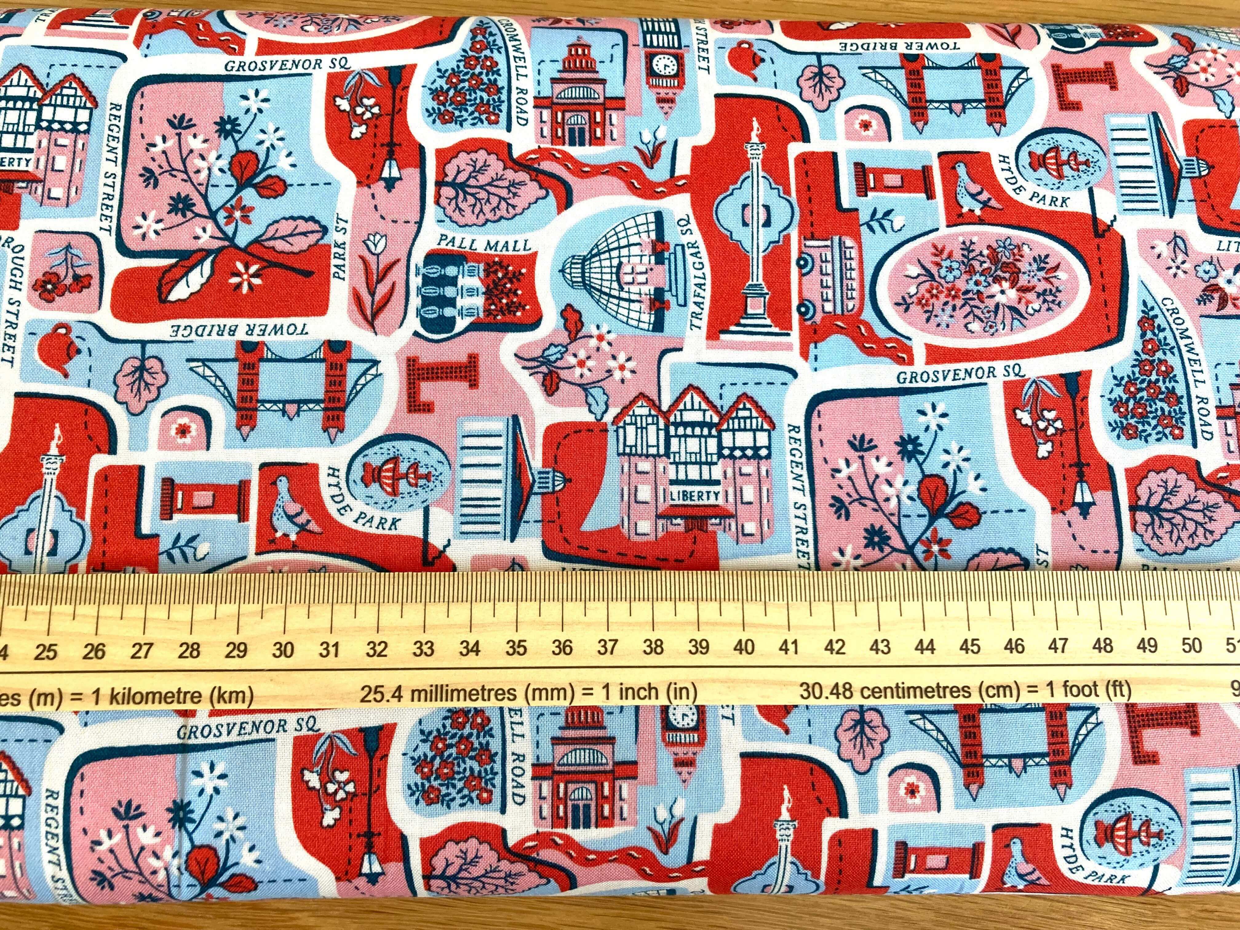 Blue pink and red London map design cotton fabric