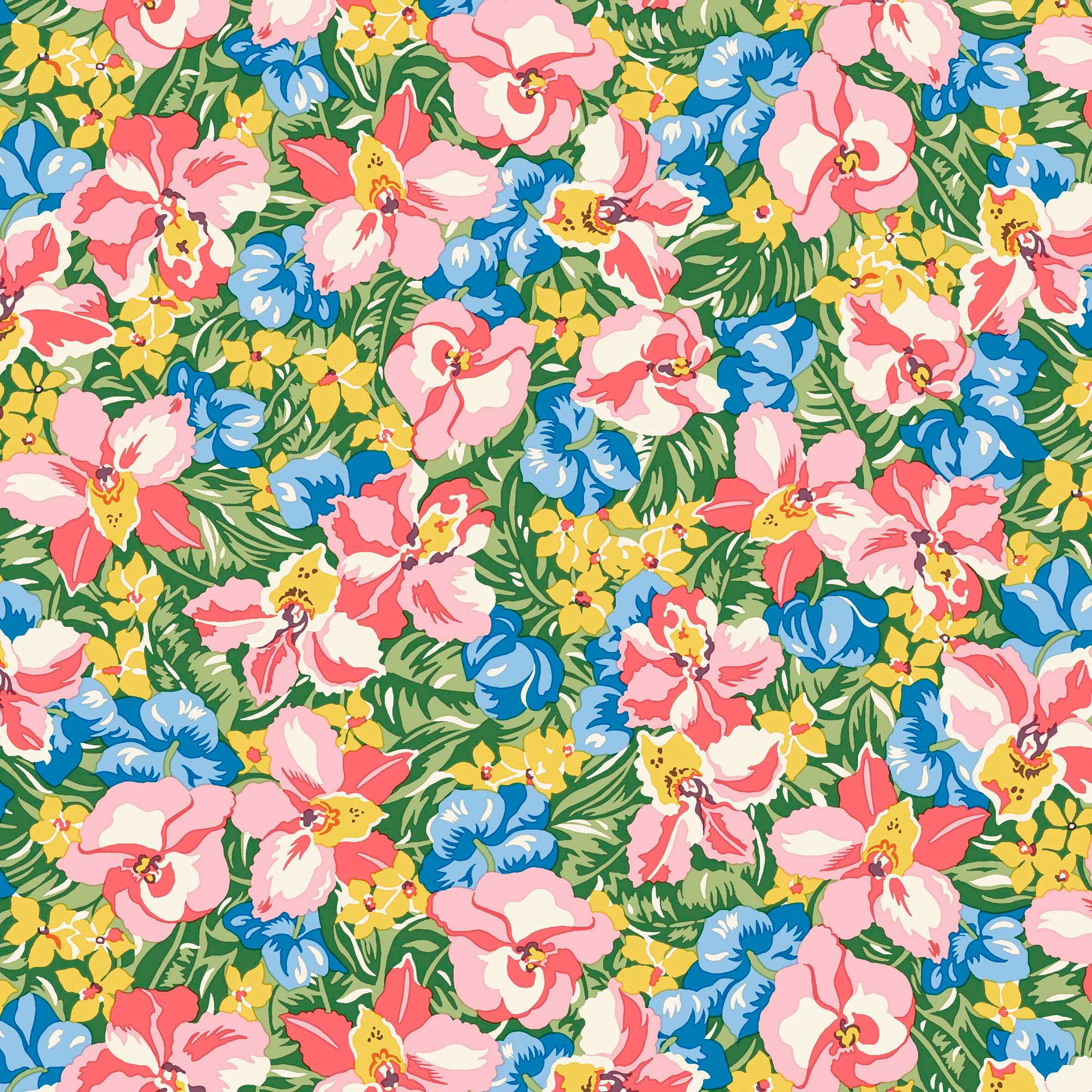 vibrant tropical floral liberty print fabric with blue pink and yellow flowers
