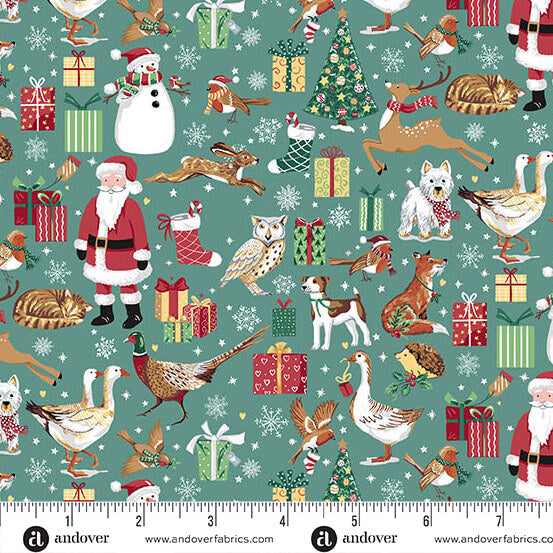 Christmas-themed fabric pattern with Santa Claus, reindeer, dogs, and other christmas elements on a teal background.