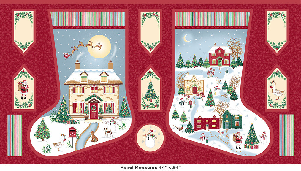 Christmas-themed fabric panel with snowy village scene and Santa Claus.