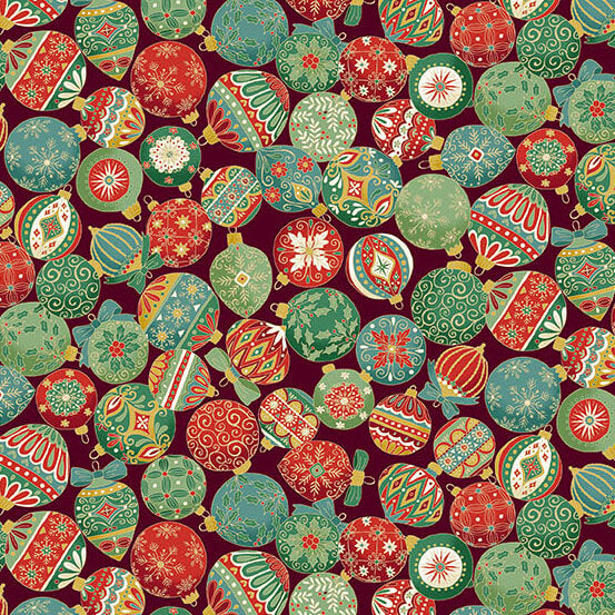 Makower Adorn Ornament Burgundy Metallic Christmas Baubles Fabric