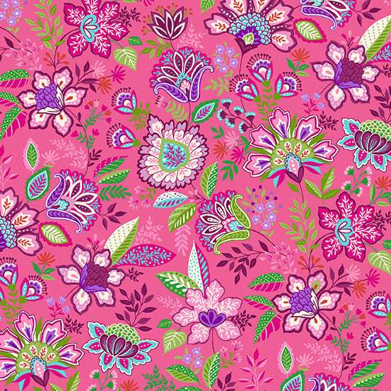 bright pink purple and green botanical floral cotton fabric