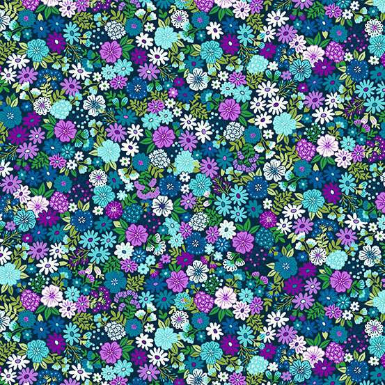 bright blue purple and white mini floral cotton fabric