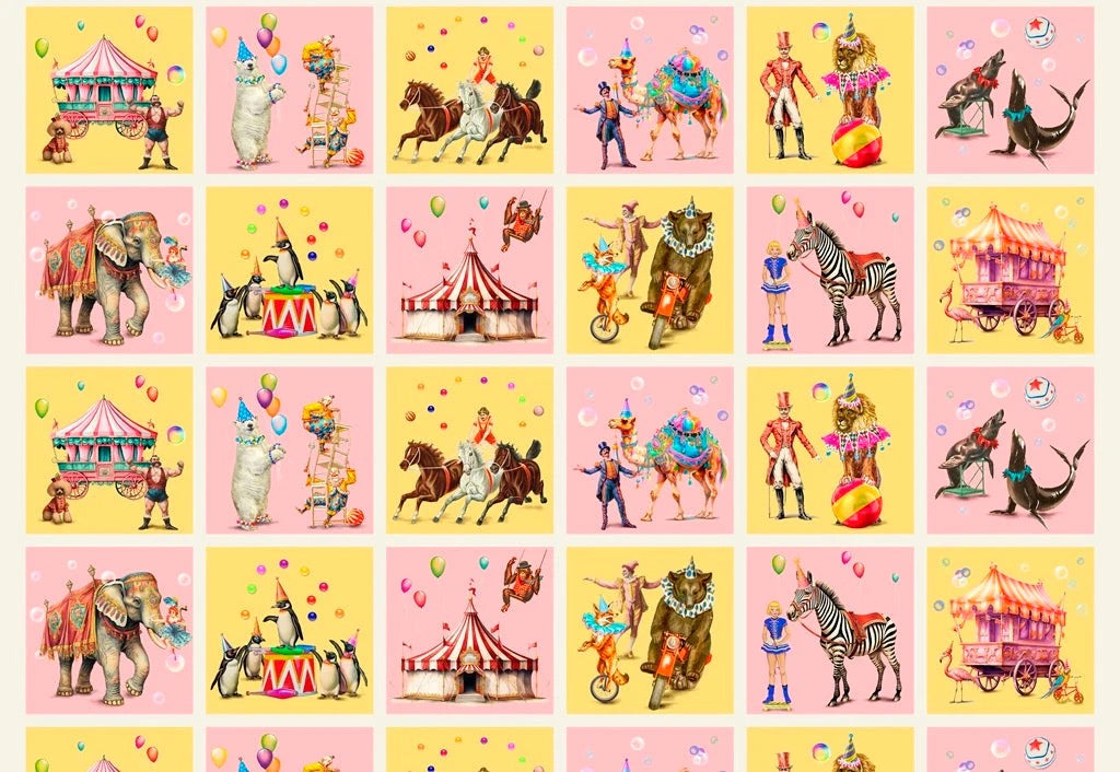 michael miller a night at the circus fabric with circus scenes on pink and yellow cotton