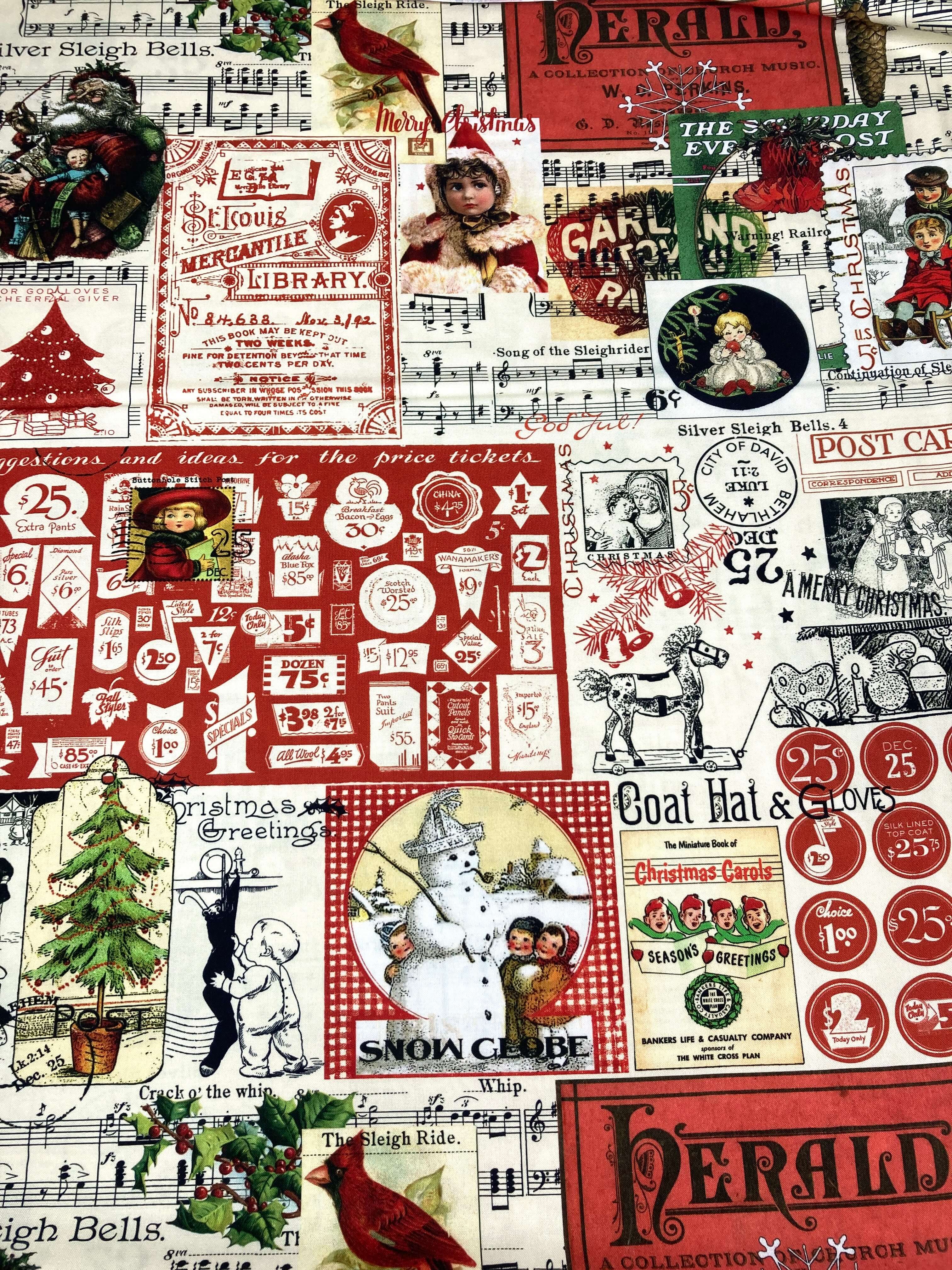  riley blake classic christmas collage fabric with vintage christmas scenes and characters