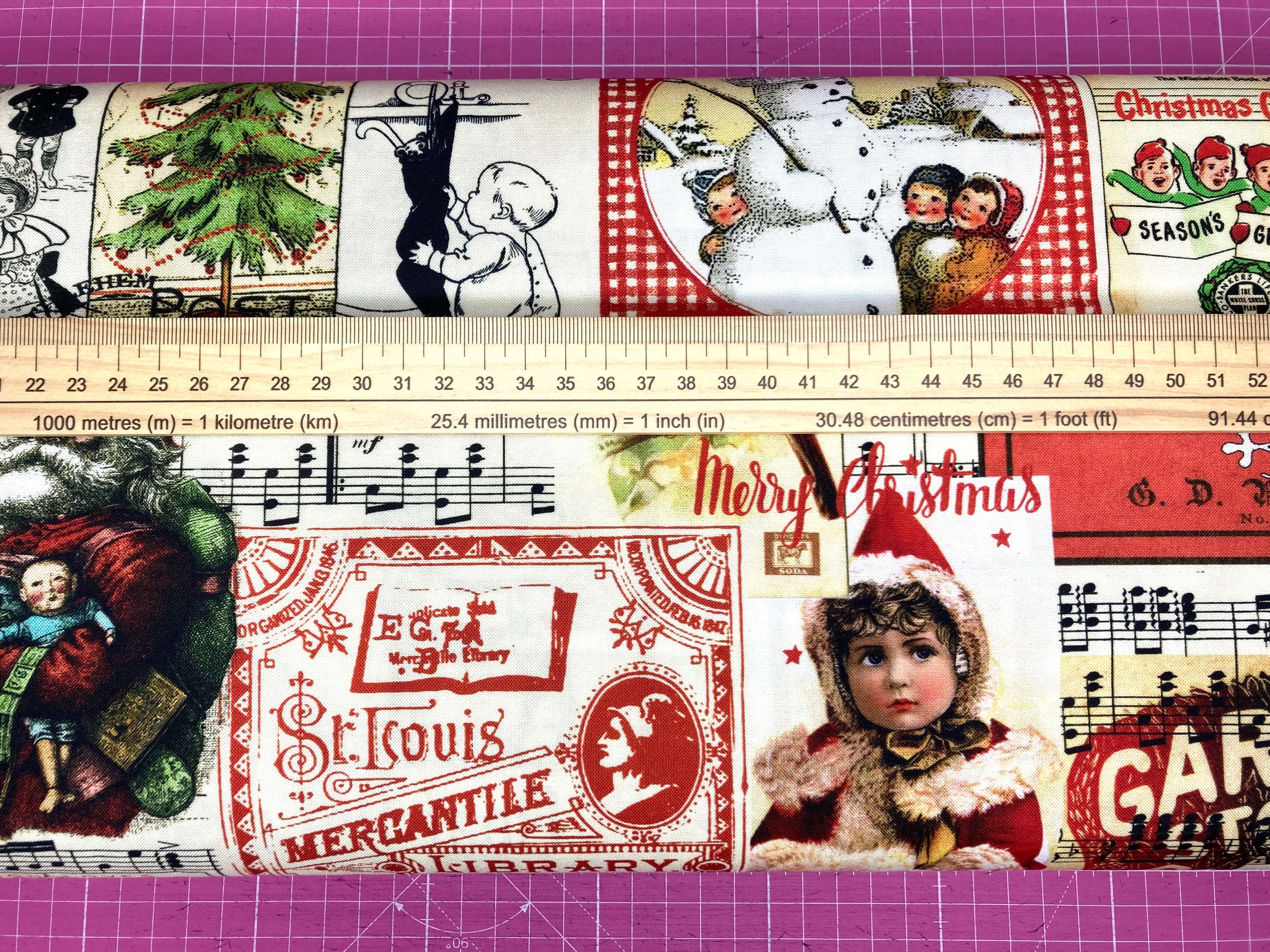  riley blake classic christmas collage fabric with vintage christmas scenes and characters