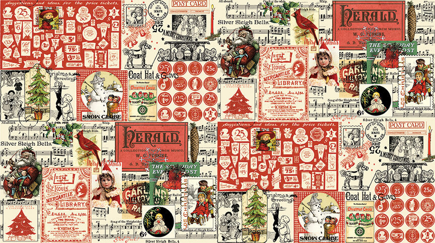  riley blake classic christmas collage fabric with vintage christmas scenes and characters