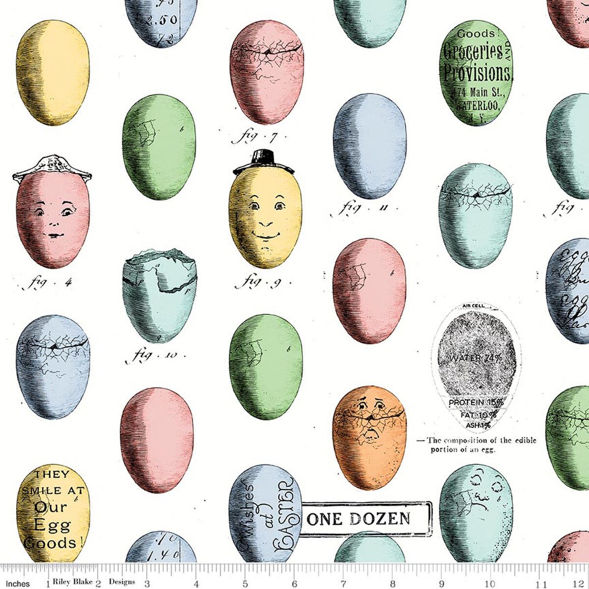 Pattern of colorful Easter eggs with faces and text on a white background, with a ruler at the bottom.