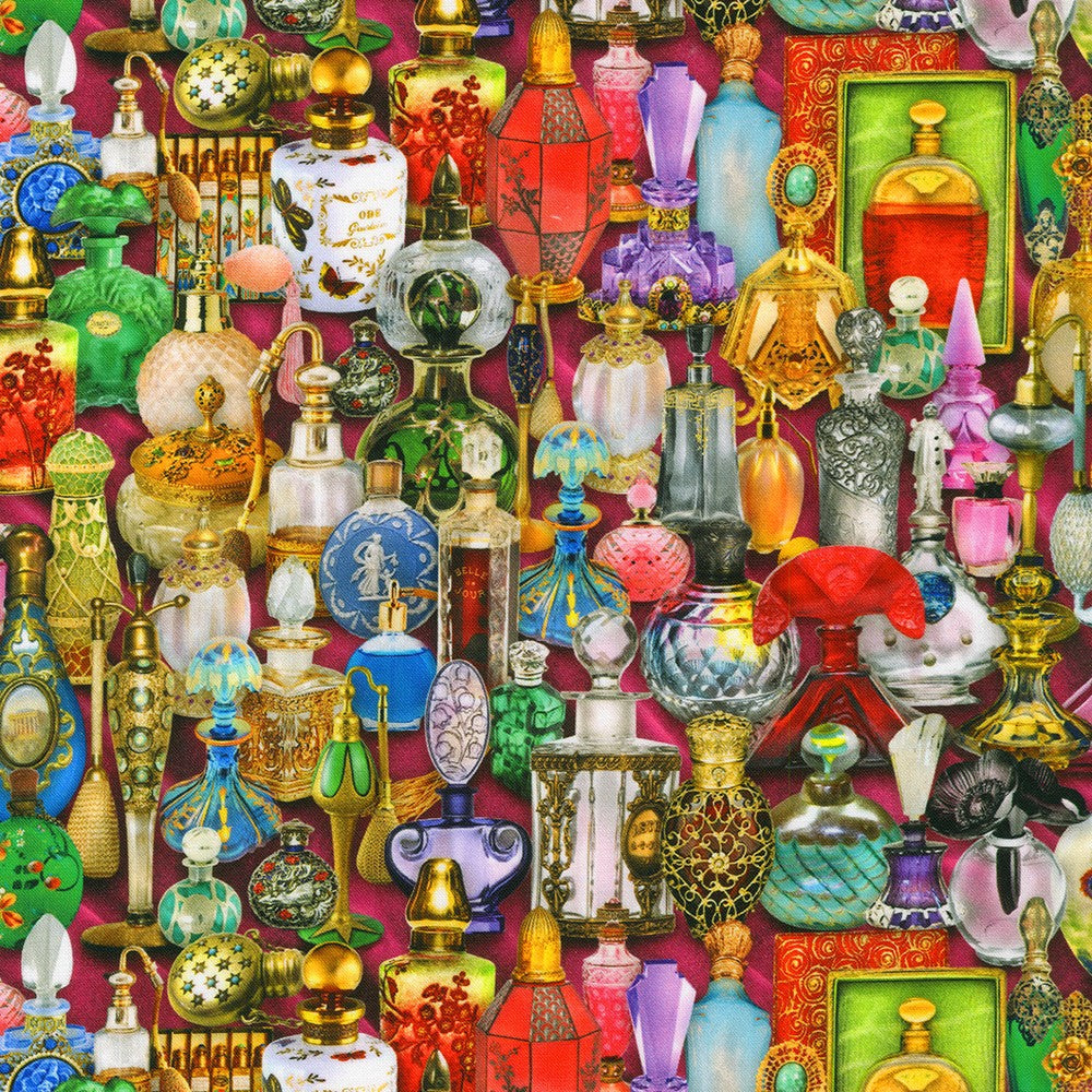 Colorful collage of vintage perfume bottles on a vibrant background