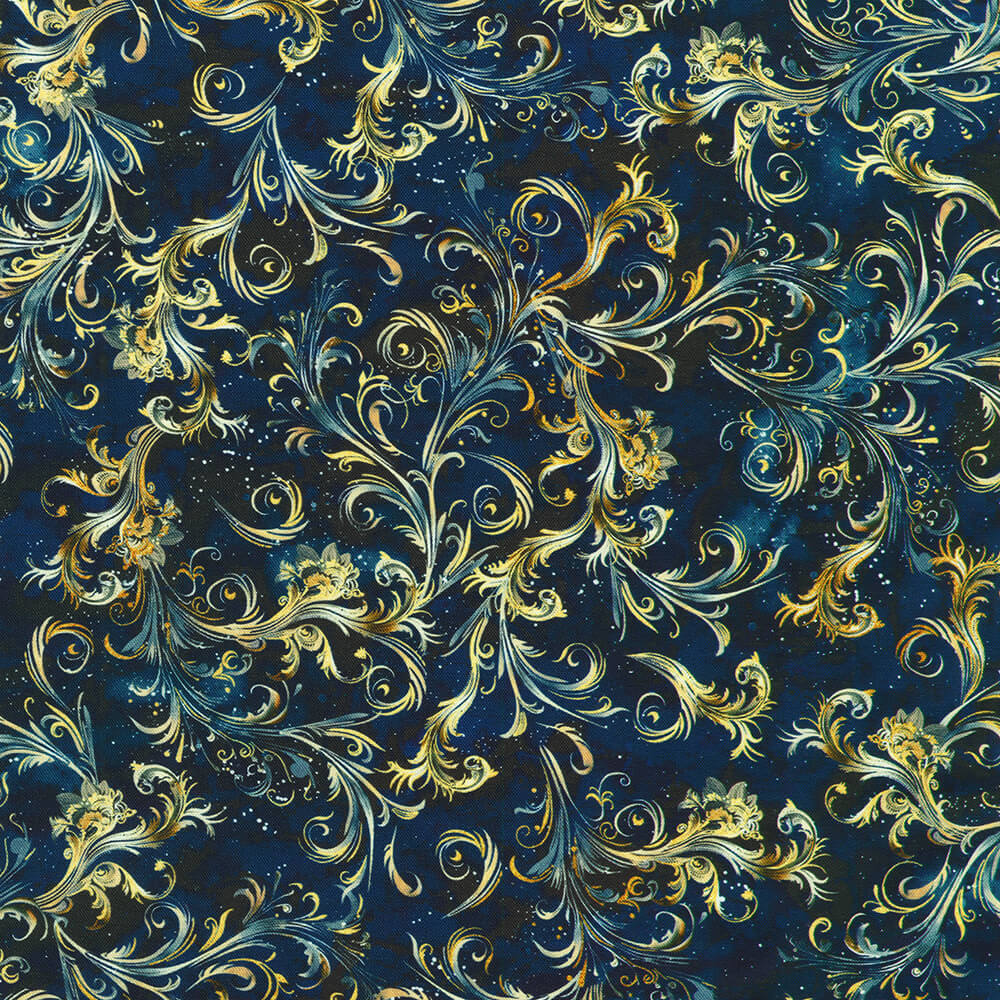 navy blue and gold celestial fabric