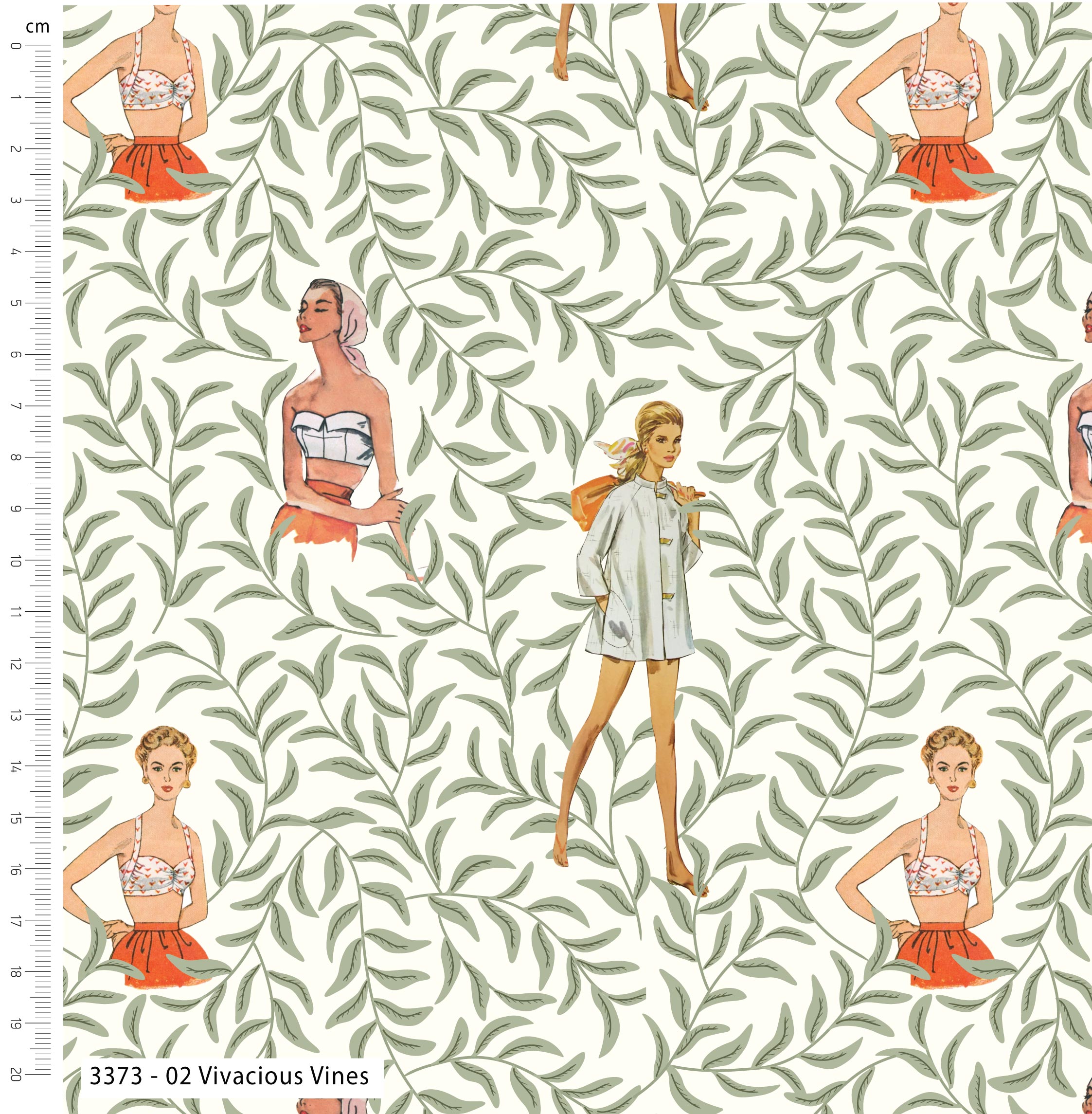 retro ladies on a white cotton fabric with lush green vines