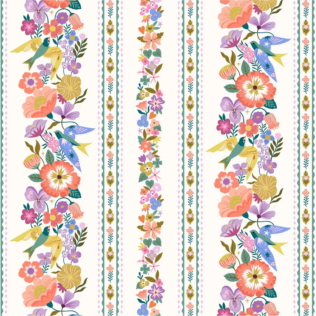 Decorative floral fabric with colorful flowers and birds on a white background