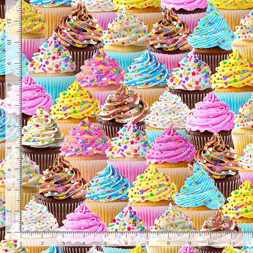 multicoloured cupcakes with frosting and sprinkles cotton fabric