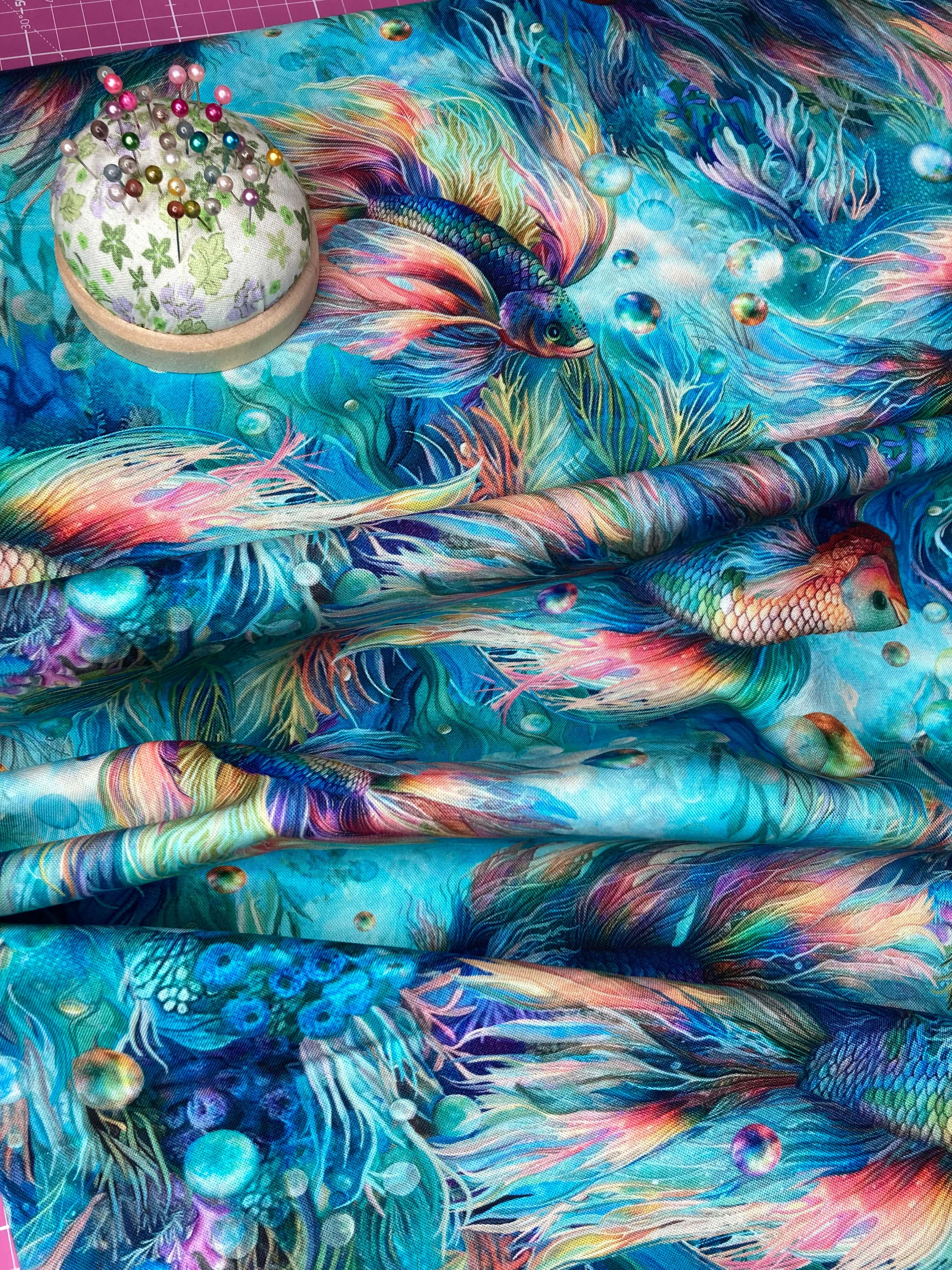 Colourful underwater scene with rainbow fish and coral