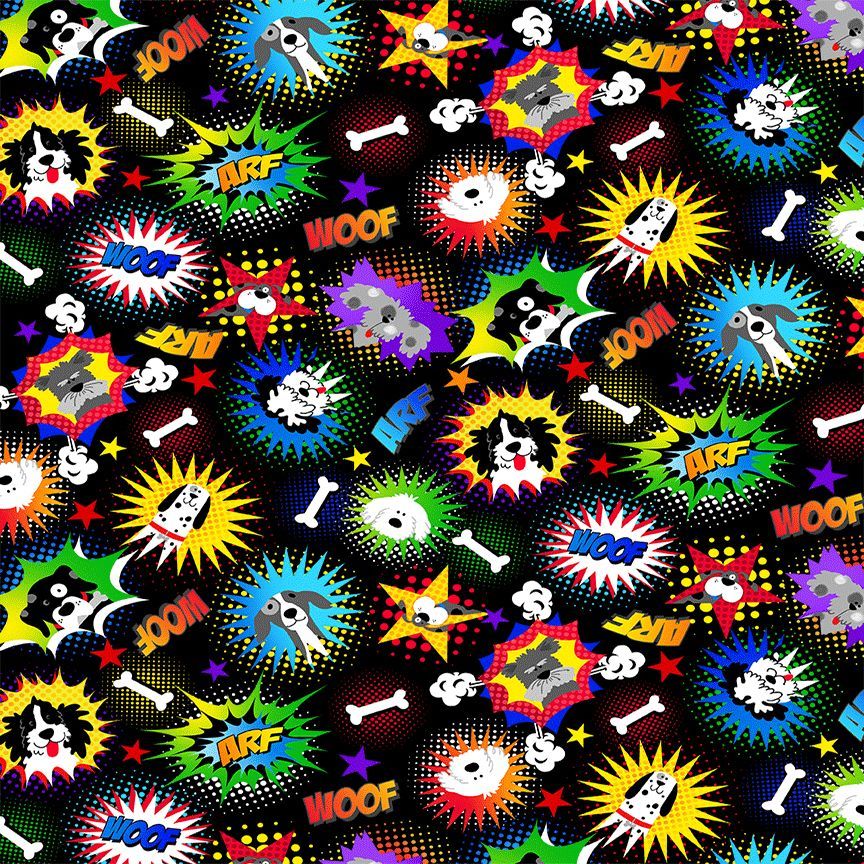 Colorful pattern with cartoon dogs, bones, and text on a black background