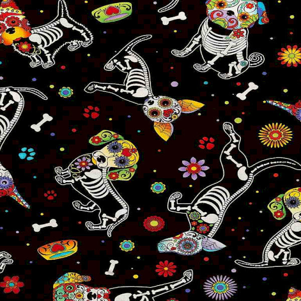 Colorful skeleton dogs pattern on a black background