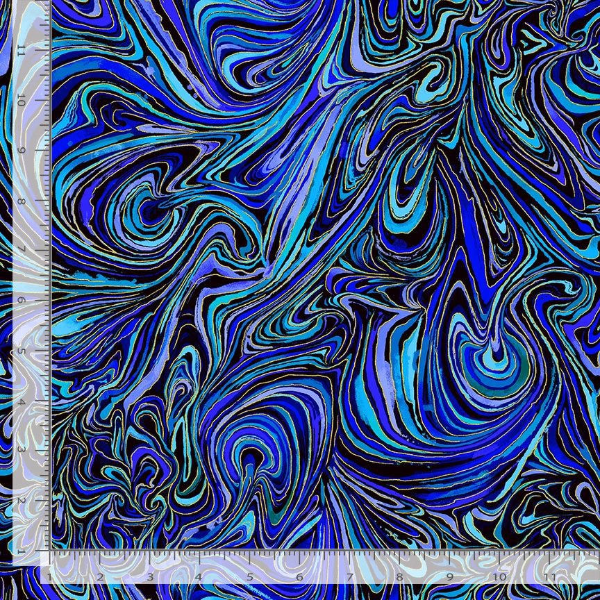 blue and gold swirling marbled cotton fabric