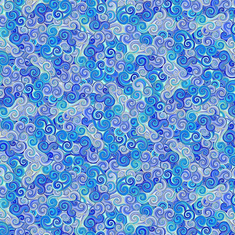 blue purple and metallic gold scrolls cotton fabric