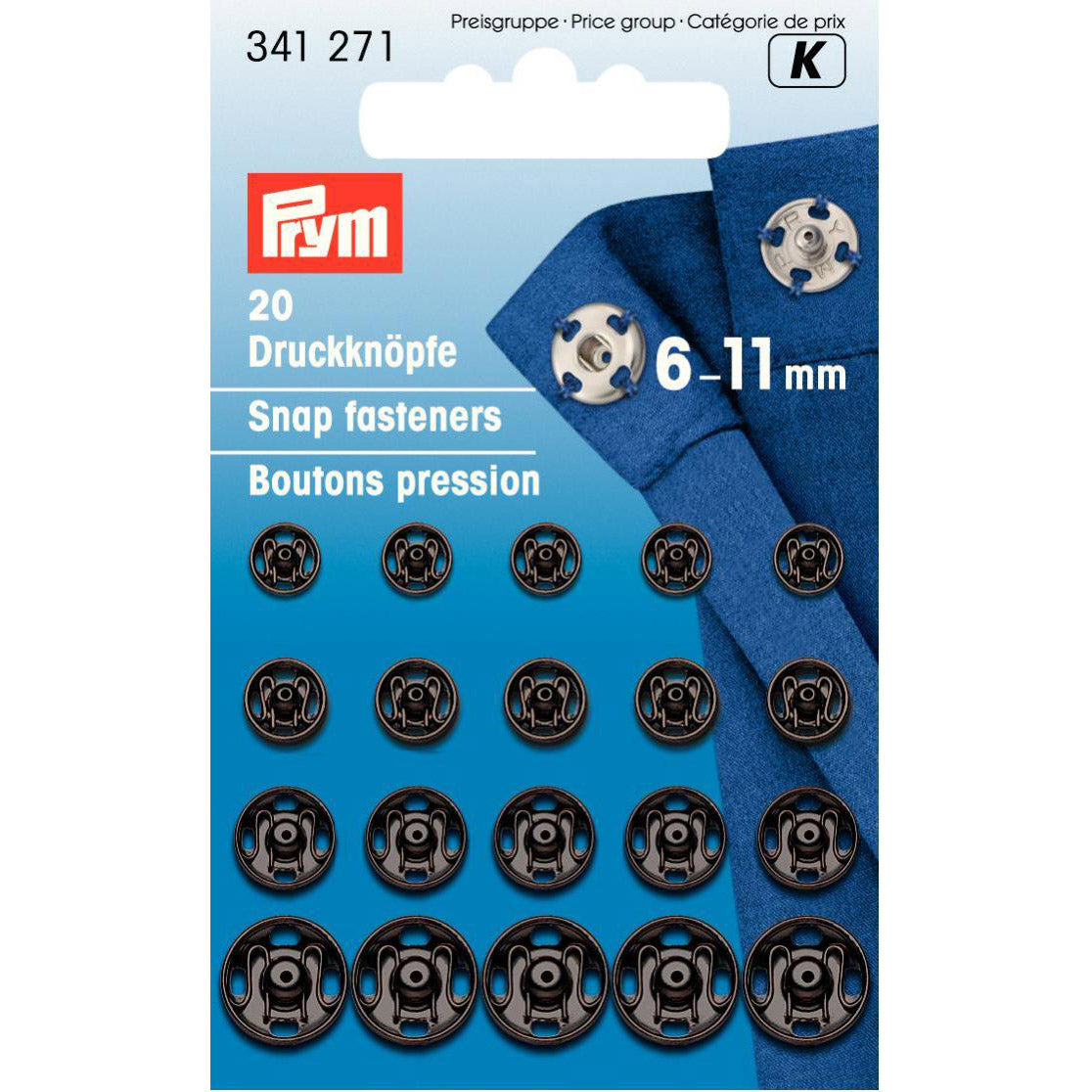 Sew-On Snap Fasteners Assorted 6-11mm Black Colour, Prym