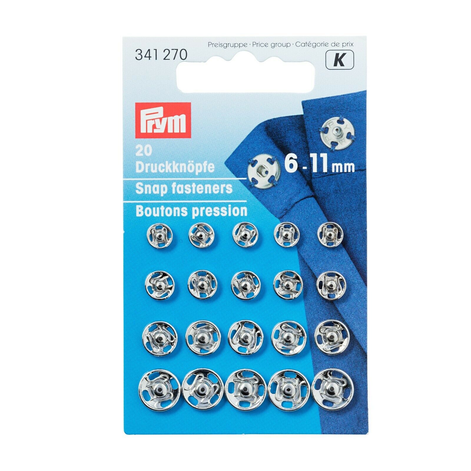 Sew-On Snap Fasteners Assorted 6-11mm Silver Colour, Prym